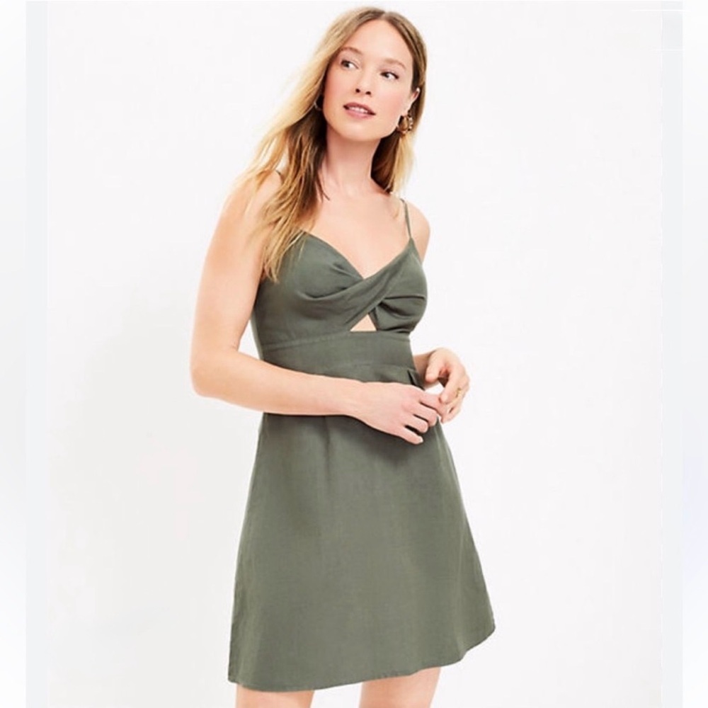 LOFT linen blend army green babydoll dress NWT Sz 14